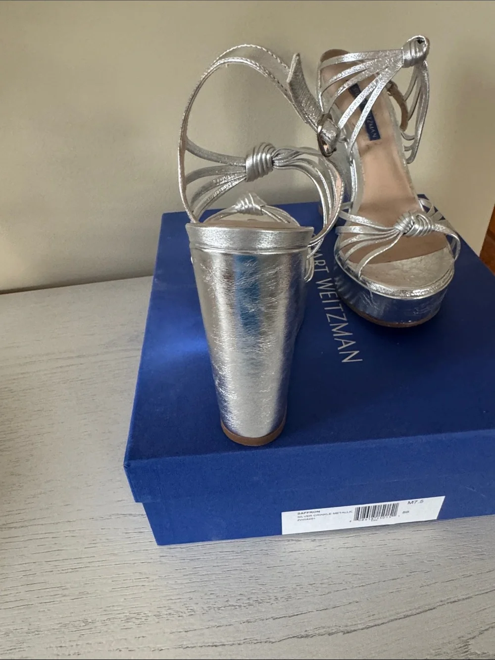 Stuart Weitzman Silver Metallic Saffron Strappy Wedge Sandals - Picture 8 of 11